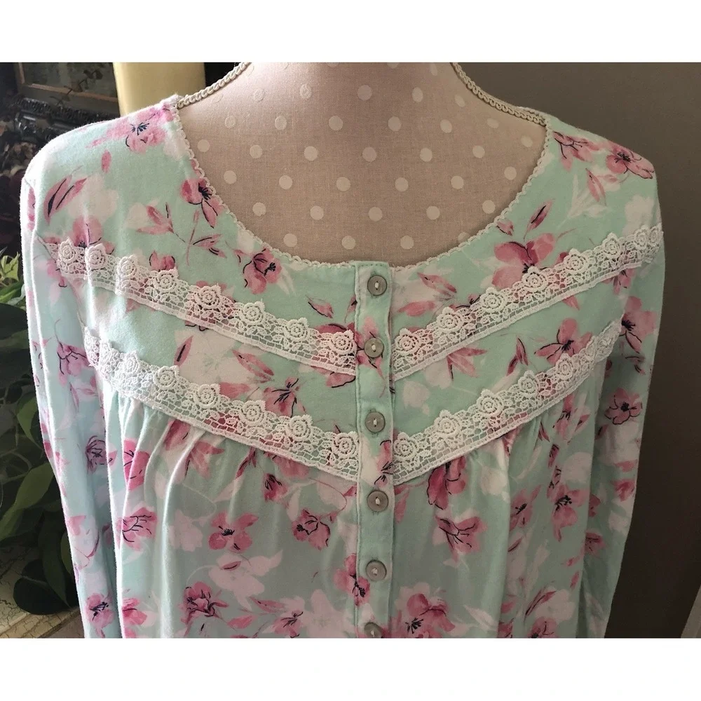Vtg Floral Nightgown Long Sleeve 100% Cotton Knit Grannycore Green Pink Women L
